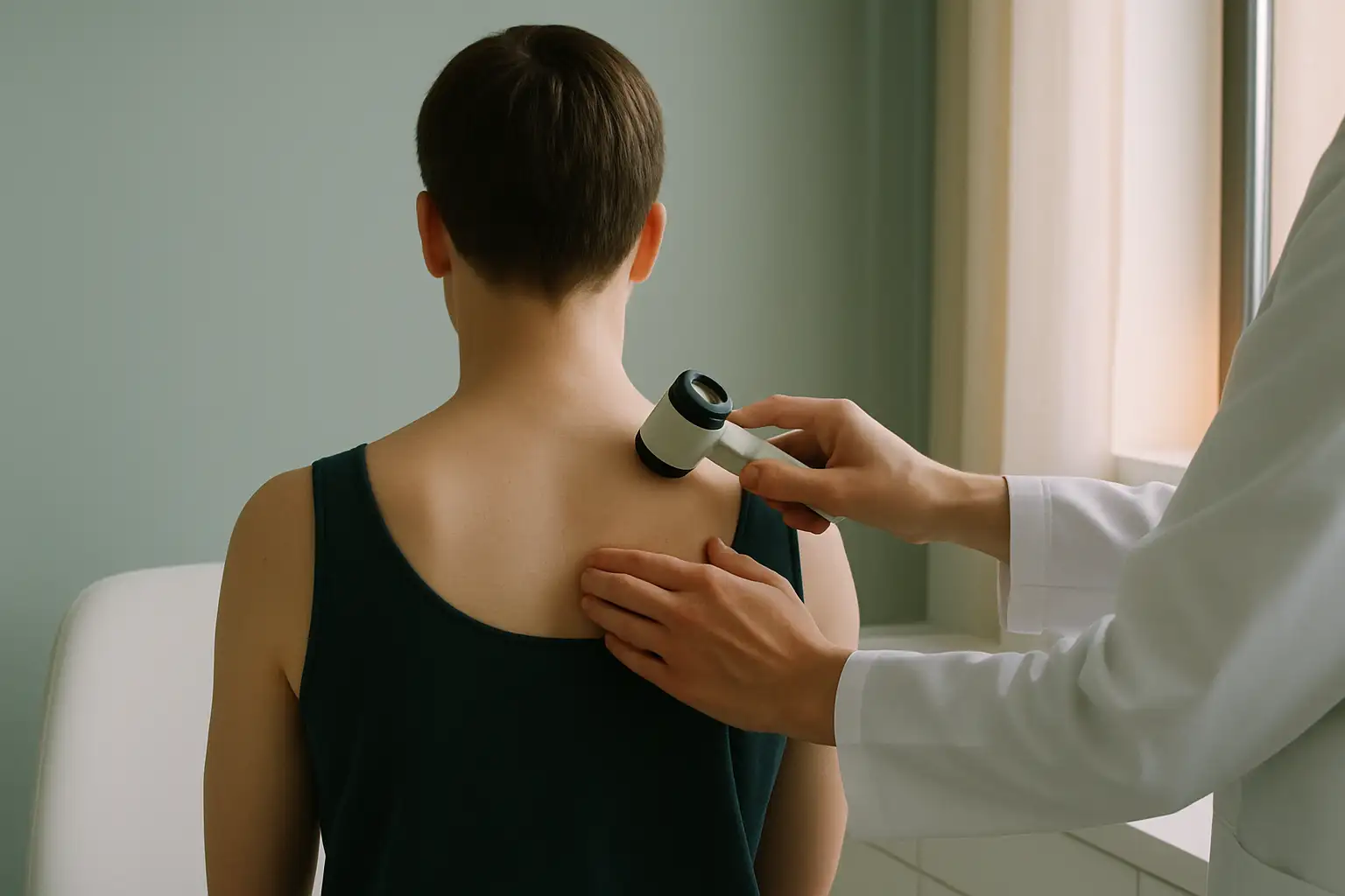 A practitioner's hands holding a dermatoscope to the upper back of a seated patient, seen from behind so no face is visible