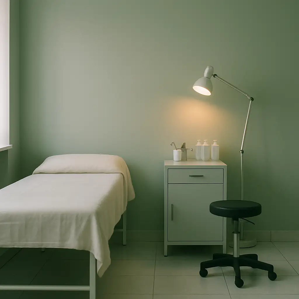 An empty, orderly clinic consultation room with an examination bed, soft daylight and pale sage walls — no people in the room