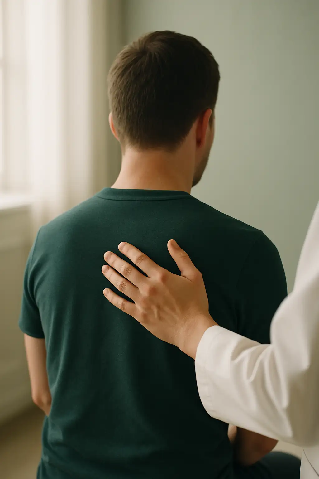 A practitioner's hand resting reassuringly on the upper back of a seated patient, photographed from behind so no face is visible